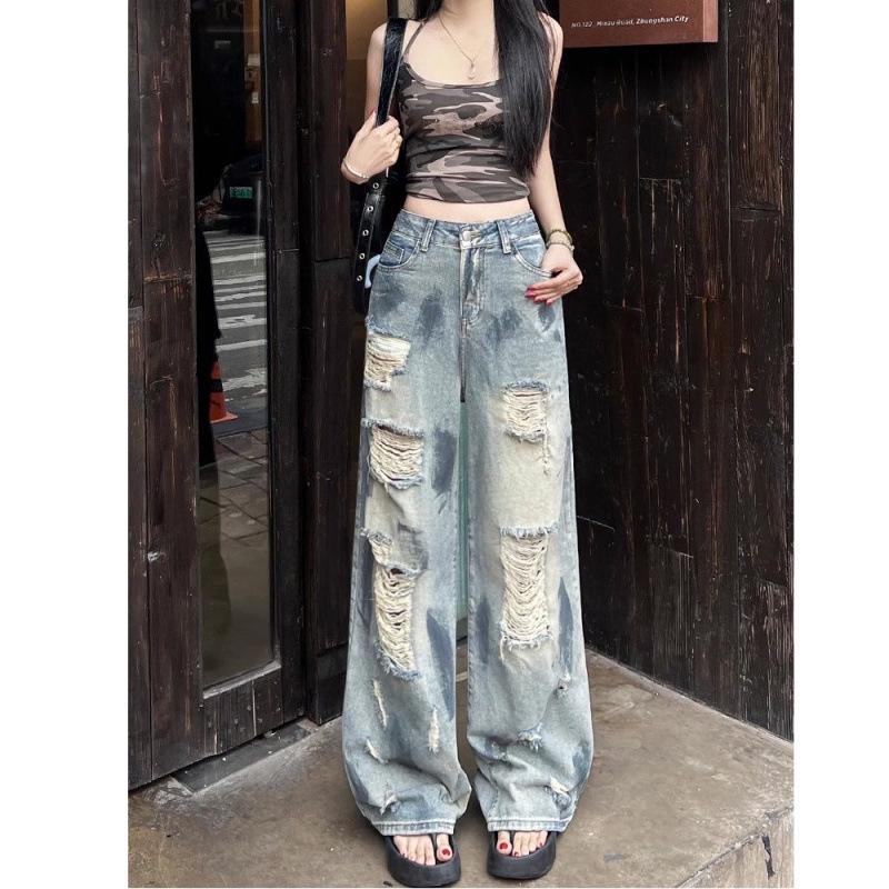 Damen Retro High-Waist Ripped Wide-Leg Jeans - Sommer Dünn & Distressed Bodenlang