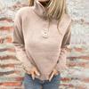Ladies' Casual Stand Up Collar Knitted Sweater, Solid Color Button Casual Loose Sweater