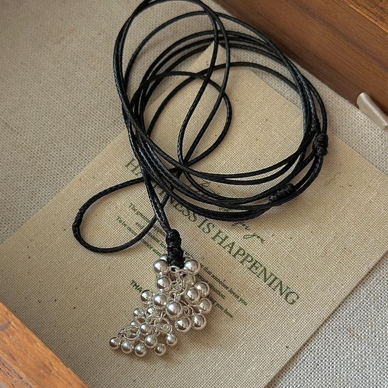 

S925 Sterling Silver Niche Design Sense Retro Grape Black Rope Necklace Korean Style Simple Personalized Sweater Chain 925 silver