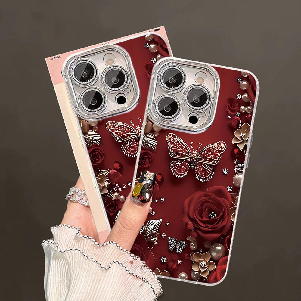 Beautiful Butterfly Flower Glacier Texture Case For iPhone 17 Air 16 15 14 13 12 11 Pro Max Plus With Glass Lens Protector Cover