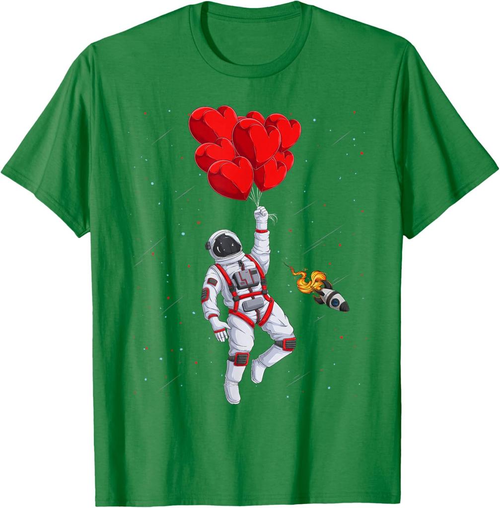 Romantic Astronaut Flying with Heart Balloons Space Graphic Tee Casual Cotton T-Shirt for Men