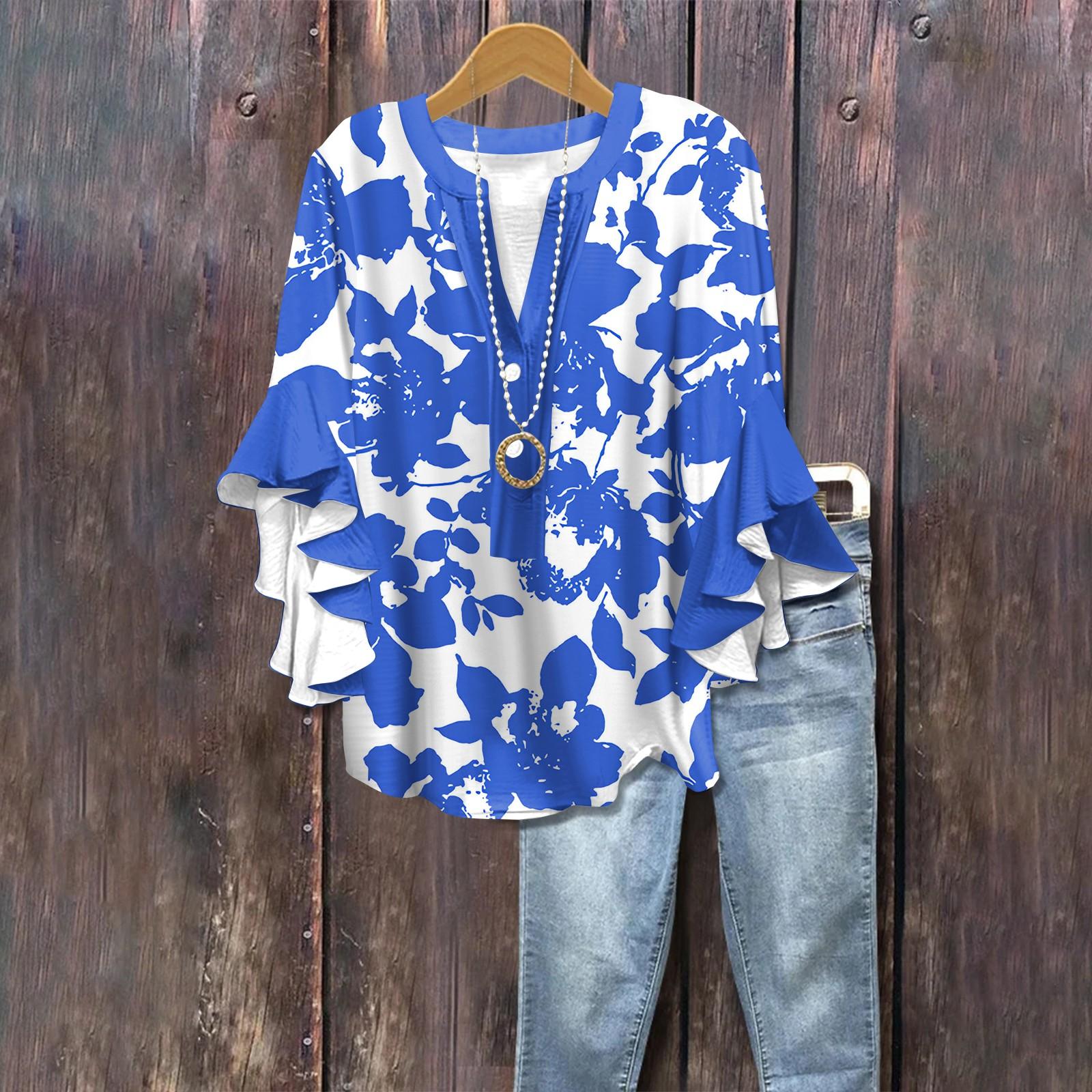 

Летние топы для женщин, симпатичные блузки с V-образным вырезом и рукавом 3/4, повседневные рубашки с цветочным принтом M синий