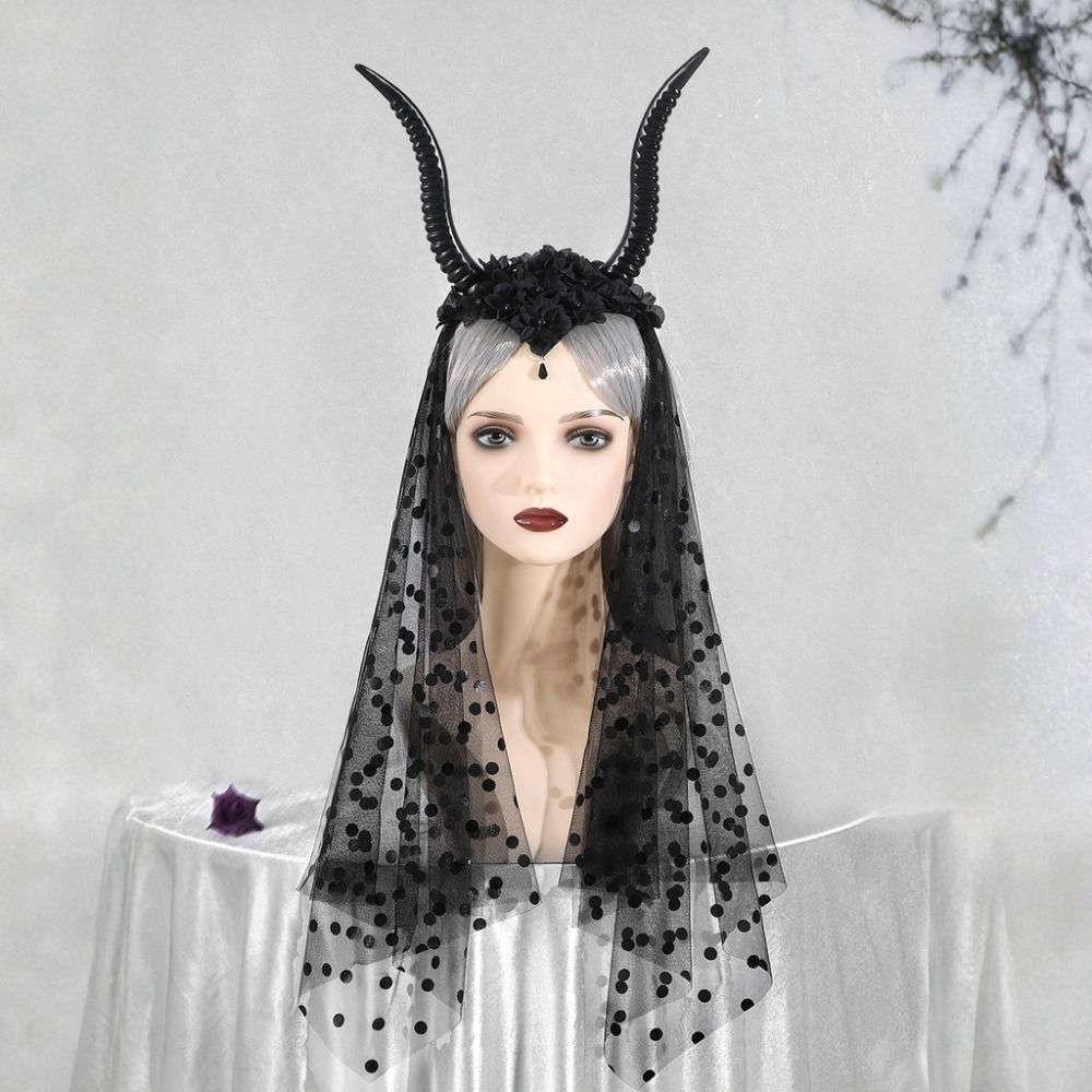 Black Halloween Devil Headwear with Veil Sheep Horn Headband Adults