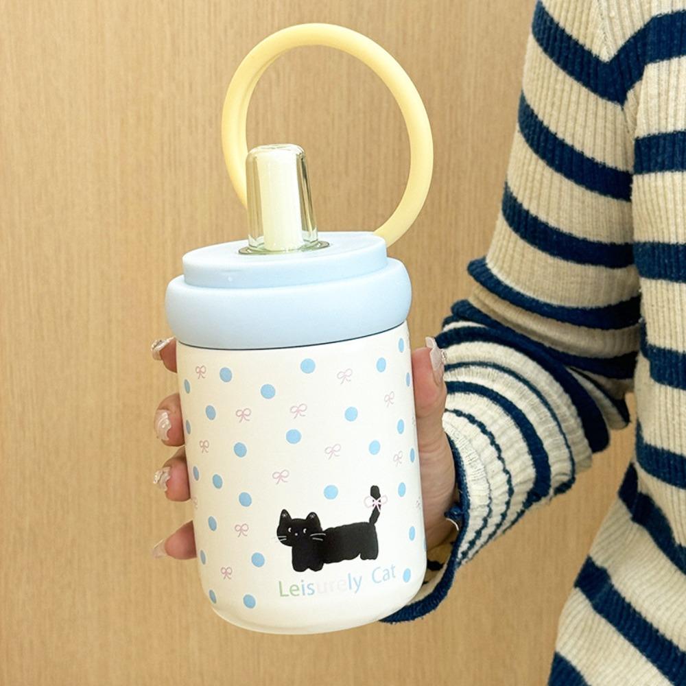 Cartoon Insulated Water Cup Black Cat Straw Drinking Cup Cute Thermos Bottle  Children