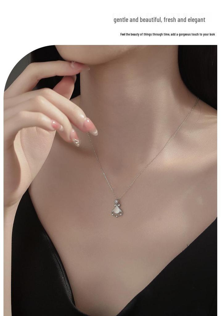 925 Sterling Silver Bowknot Skirt Fan Pendant Necklace for Women - High-End Design Clavicle Chain, Niche Style