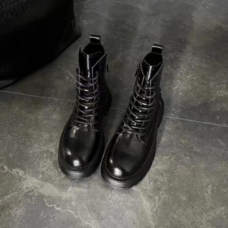 Fashion Brown Leather Ankle Boots for Women 2024 Autumn Winter Short Plush Motorcycle Boots Woman Vintage Lace Up  Zipper Shoes