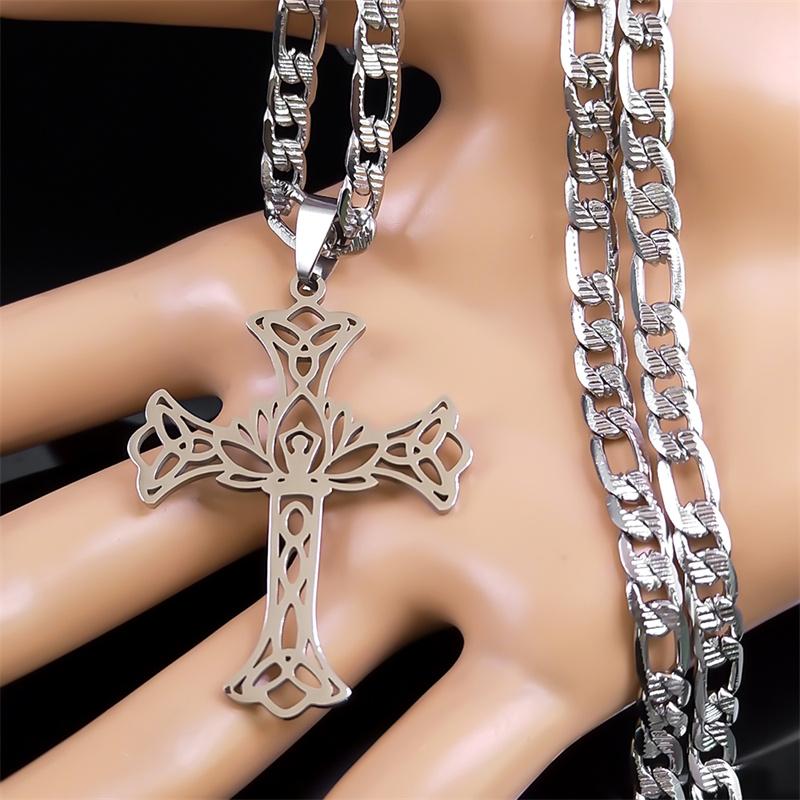 Creative Cross Pendant Men Necklace Stainless Steel Yoga Lotus Triquetra Hip Hop Cuban Link Chain Hollow Necklaces Jewelry N9748