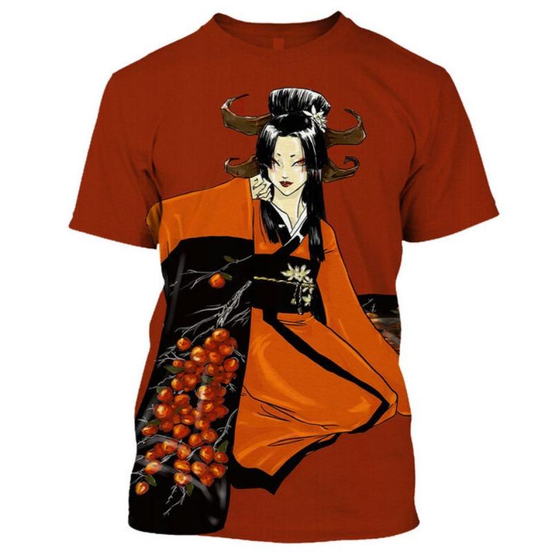 Japanese Geisha Samurai Men's T Shirt Casual Round Neck Short Sleeve Tees Fashion Trend Harajuku Pullover Oversized Hip Hop Tops