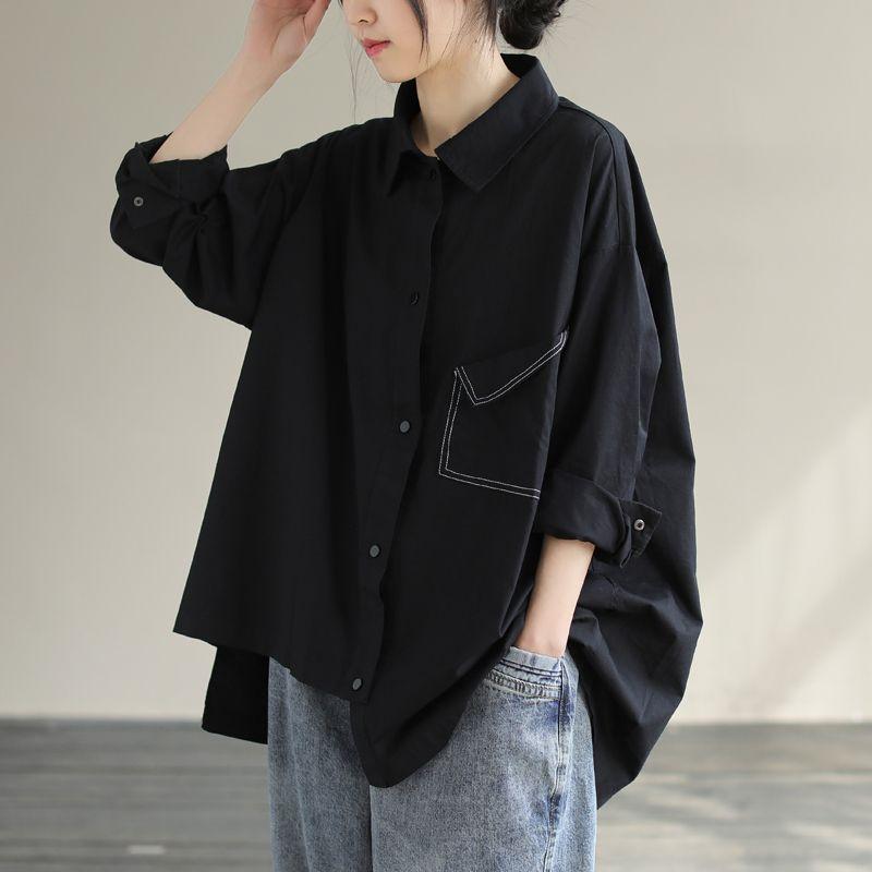 Spring Autumn Solid Irregular Women's  New Spliced Polo Collar Button Fashion Loose Pocket Casual Long Sleeve Blouses Shirts