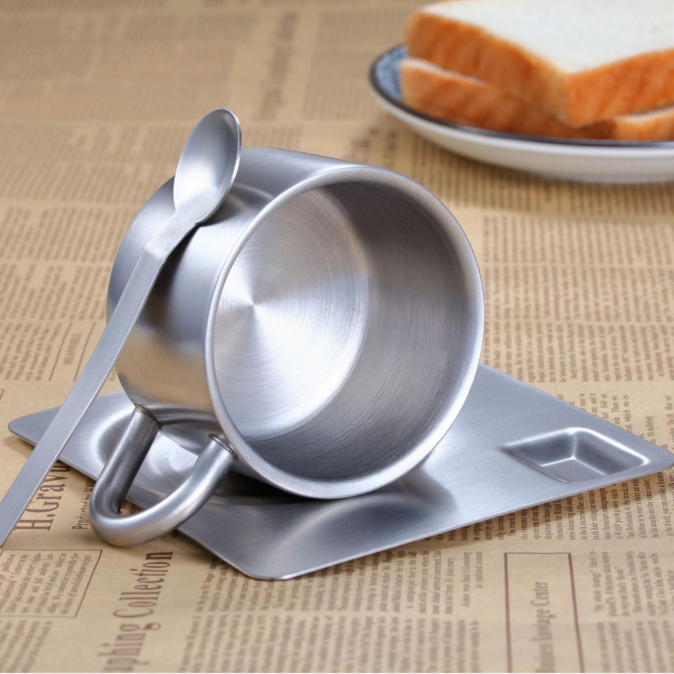 

Stainless Steel Espresso & Milk Cup Set with Handles & Saucers 200ml Large