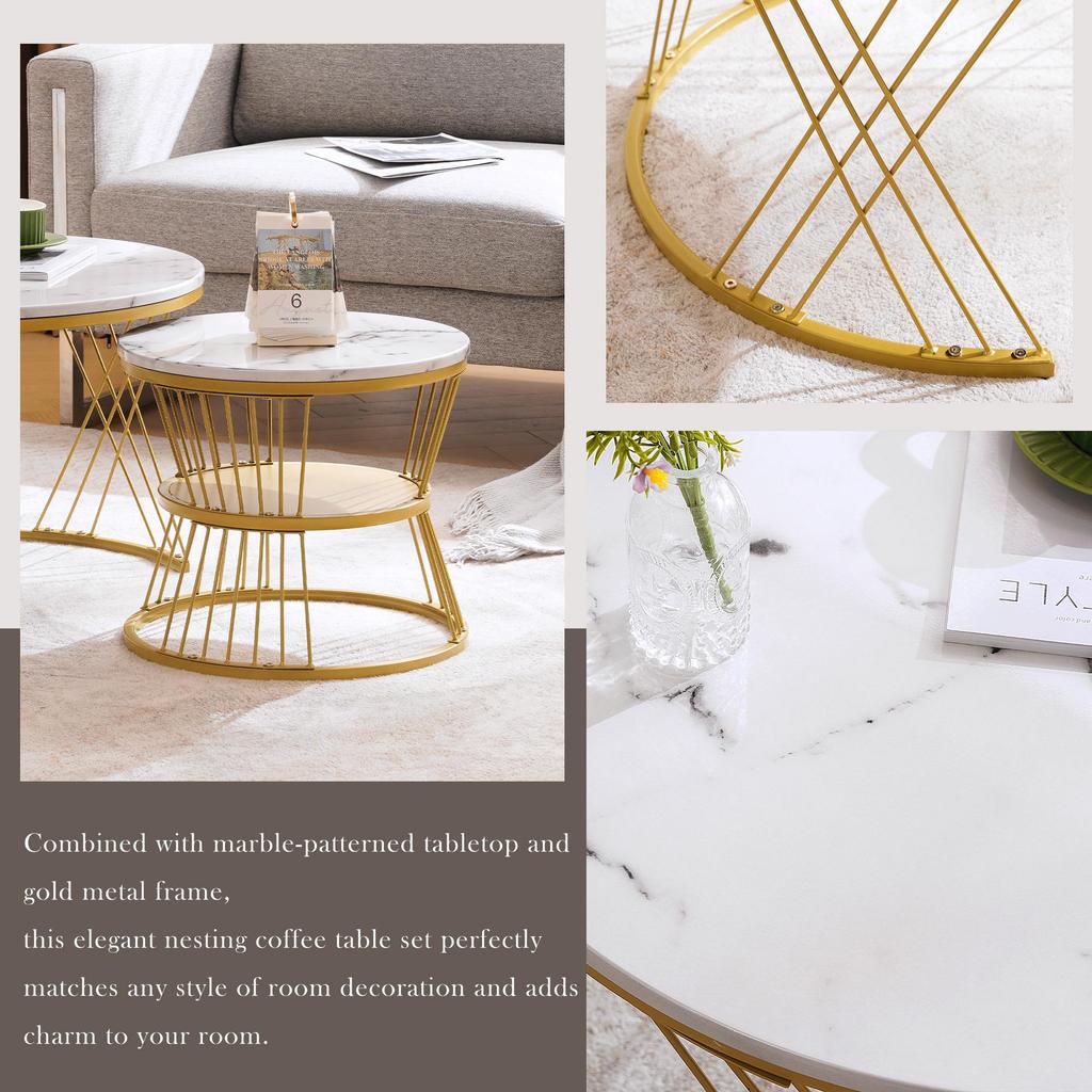 Flieks Coffee Table Set of 2, High-Gloss Living Room Table with Storage, for Living Room and Balcony - Metal Frame, Gold and White