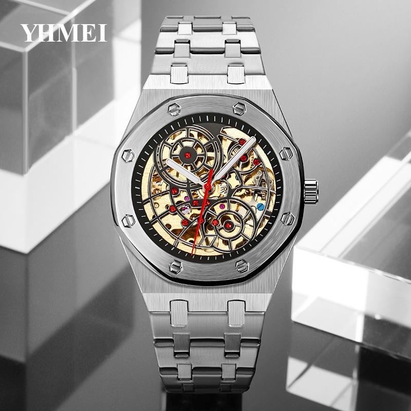 Men's Luxury Stainless Steel Skeleton Mechanical Watch with Large Dial, Fully Automatic Design