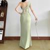 European and American Style Summer New Women's Clothing Solid Color Hollow Lace Pattern Slash Shoulder Pleated Long Dress Dress