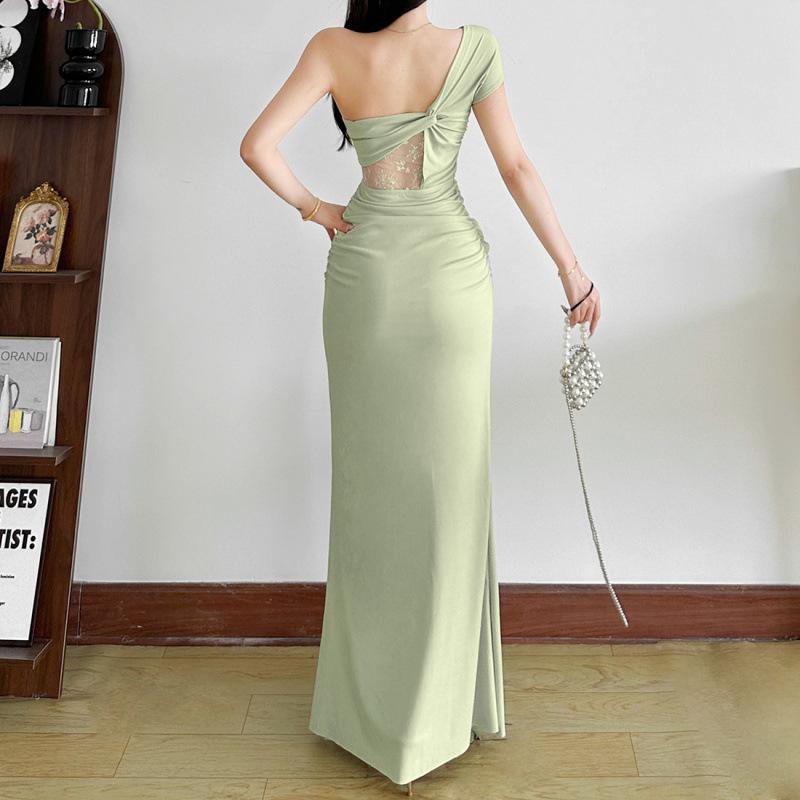 European and American Style Summer New Women's Clothing Solid Color Hollow Lace Pattern Slash Shoulder Pleated Long Dress Dress