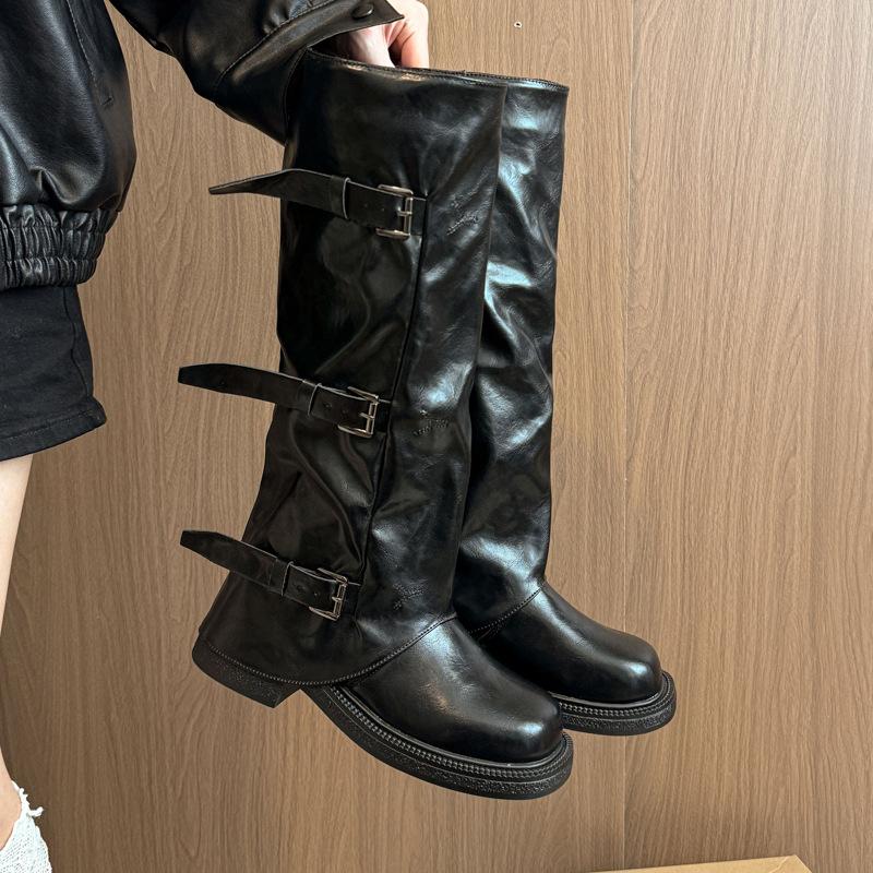 

Cool Wasteland Wind Pile Boots Women s Autumn Boots Women s Belt Buckle Height Increasing Skinny Medium Boots Wide Pants Tube Boots 35