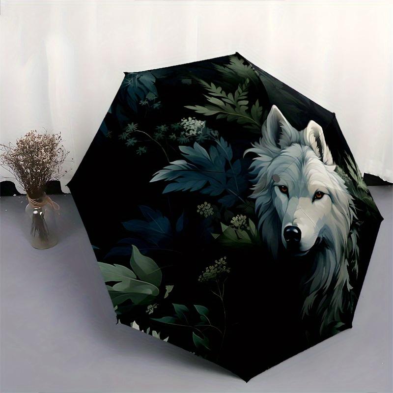 1pc White Wolf in the Enchanted Forest Automatic Opening and Closing Umbrella - Lightweight 3-Fold Design, Suitable for Fans, Travel, Daily Use,
