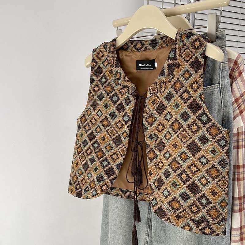 

Женский жилет Cannon Осень и Зима Ретро Кисточки Завязка Повседневный Укороченный Топ-майка S жёлтый