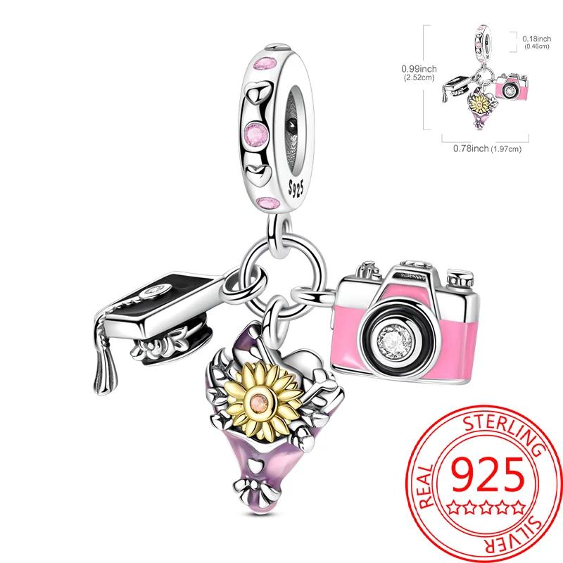 Real Copper Graduation Series Charms Owl Bachelor'S Hat Book Pink Girls Bead Fit Original Bracelets Diy Fine Gifts For Women