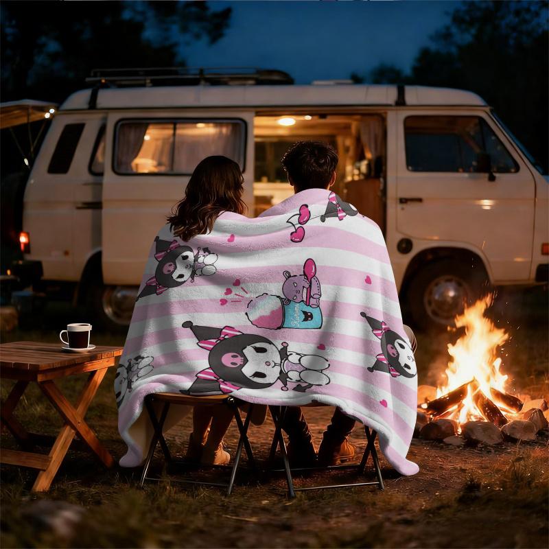 Kuromi Pink & White Stripe Flannel Blanket Soft Warm Throw Japanese Anime Camping Office Bedroom School Nap Blanket Summer Quilt
