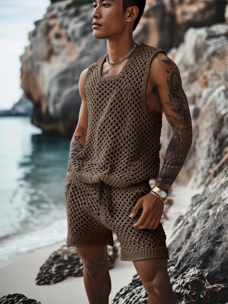 

European Summer 2026 Casual Knitwear Two-Piece Set: Breathable, Trendy Hollow-Out Shorts & Versatile Top L