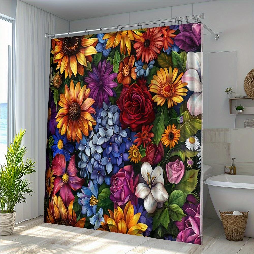 Vibrant Floral Shower Curtain - Waterproof, Mildew-Resistant With Sunflower And Rose Design For Lively, Colorful Bathroom Decor