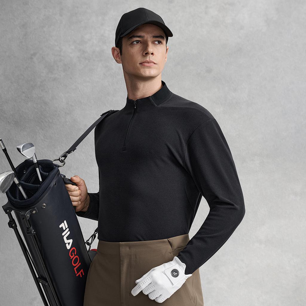 FILA Fleece Lined Warm Fashionable Simple Quality Sports Casual Golf Versatile Soft Comfortable Long Sleeve T-Shirt Men tops Deep-Black A11M615218FBK