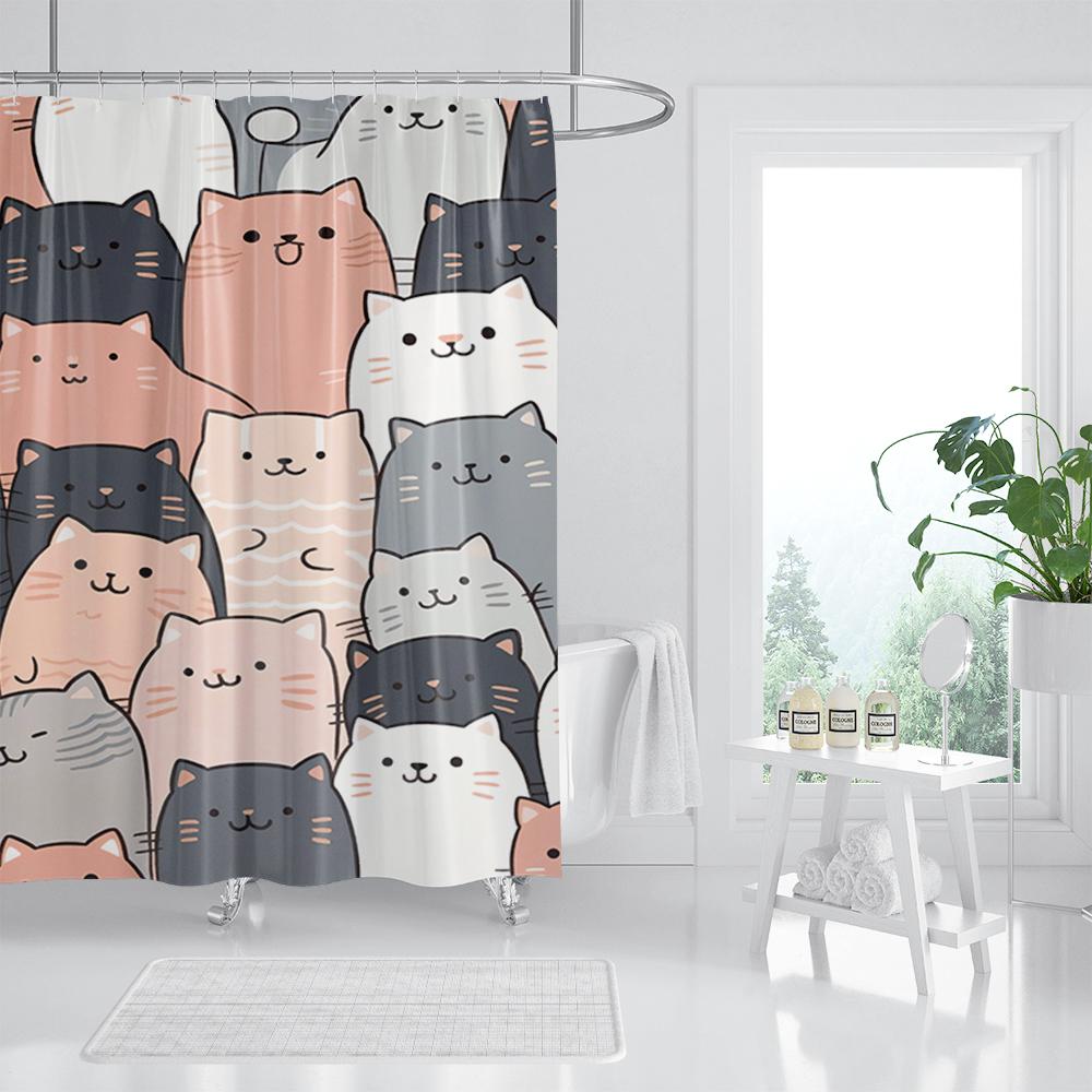 Cat Printed Shower Curtain Color Cartoon Lovely Animal Bear Polyester Fabric Hanging Curtains Bathroom Bathtub Decor with Hooks