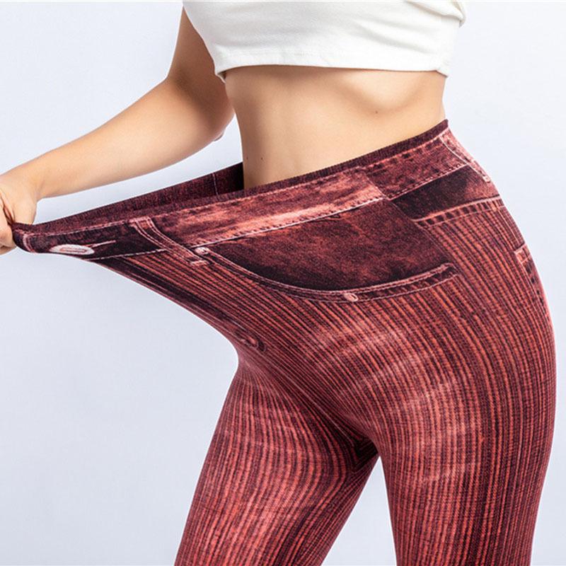 Women's Imitation Jeans Stretchable Slim Denim Pringting Leggings Hips Tights Pencil Pants High Waist Workout Gymwear
