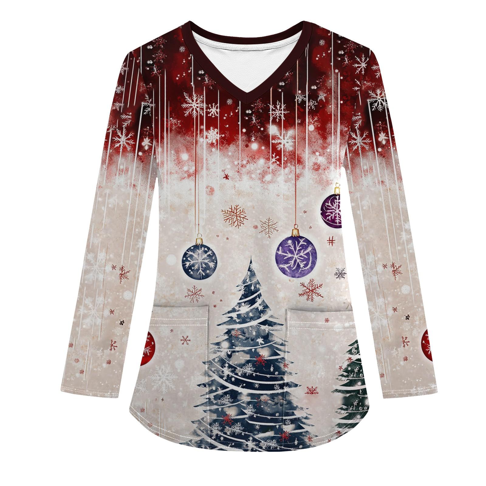 

Женская модная рабочая одежда с V-образным вырезом, длинным рукавом и карманом, рождественский принт, футболка, топ L белый