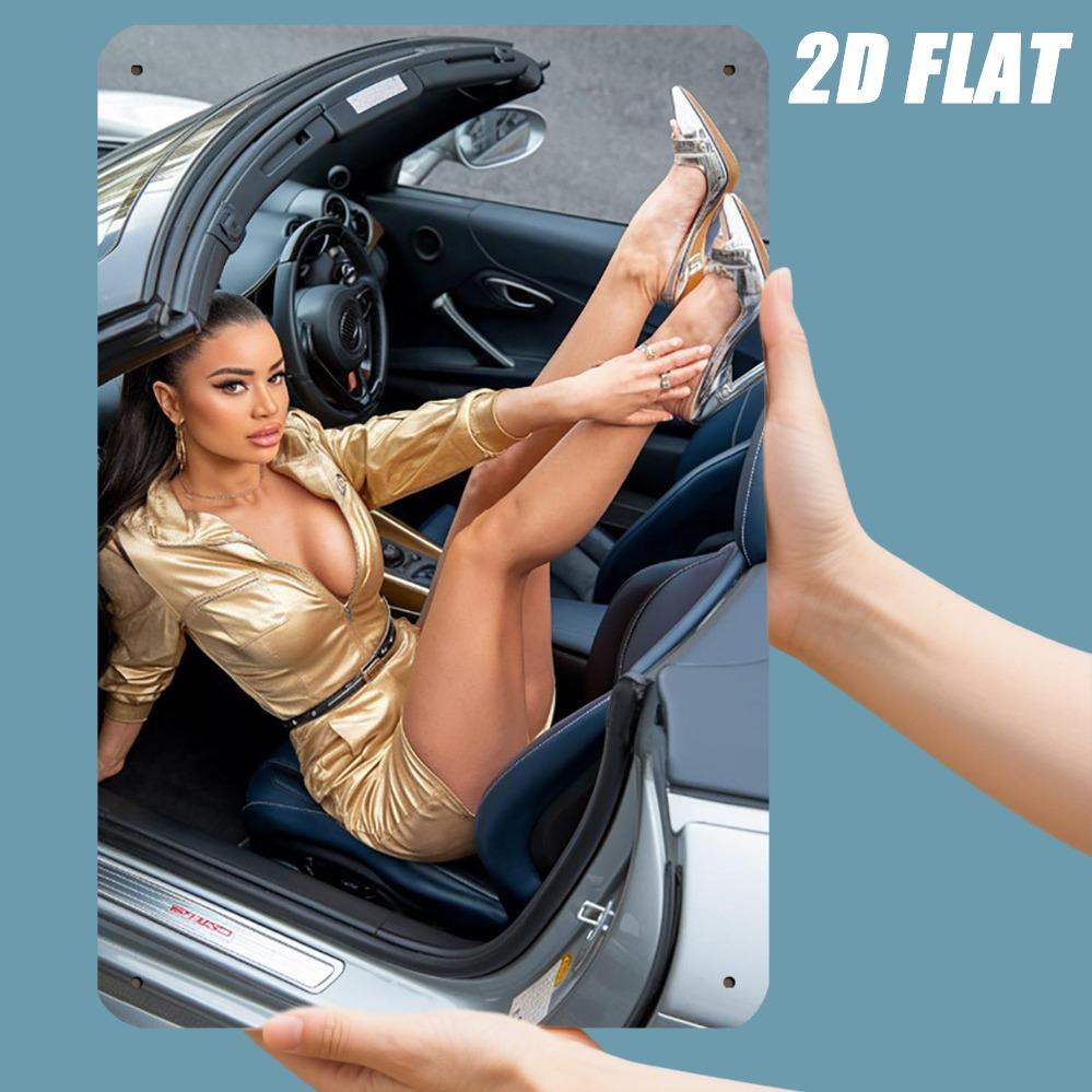 JIT Retro Iron Metal Sign 8in*12in Golden Dress Lady Car Model Logo - Man Cave Workshop Pub Wall Decorations