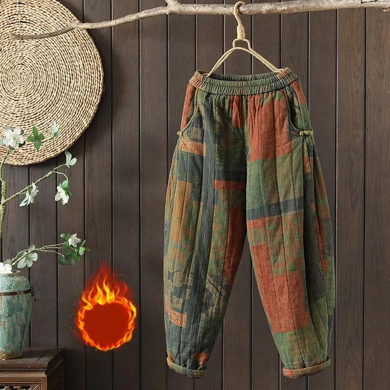 Podzimní a zimní dámské kalhoty s potiskem v etnickém stylu, zesílený elastický pas, teplé a volné, elegantní