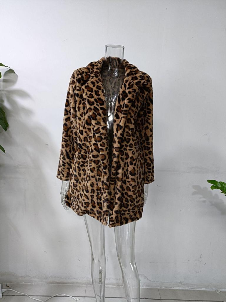 2024 Fall/Winter Leopard Print Women's Faux Fur Coat with Pockets - Plush, Loose Fit, Fashionable and Cozy