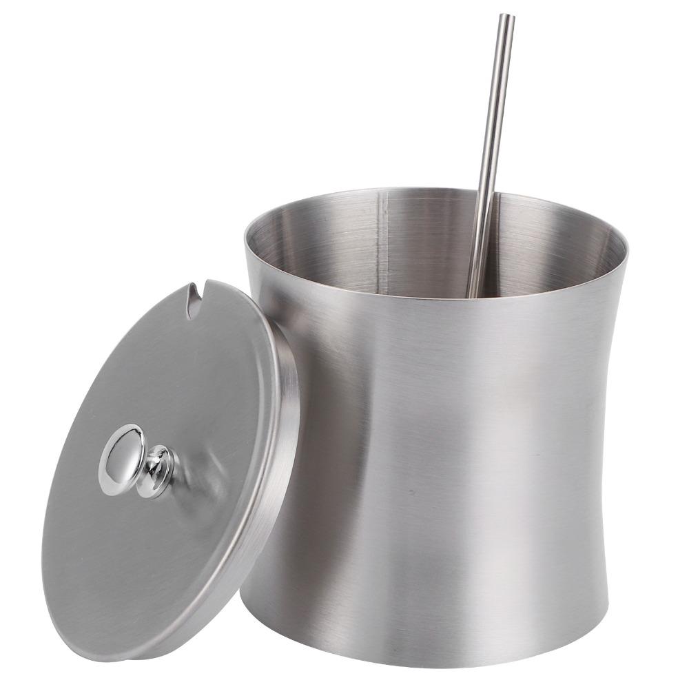 Stainless Steel Sugar Bowl with Lid and Spoon Salt Pot Condiment Can Condiment Pot Restaurant