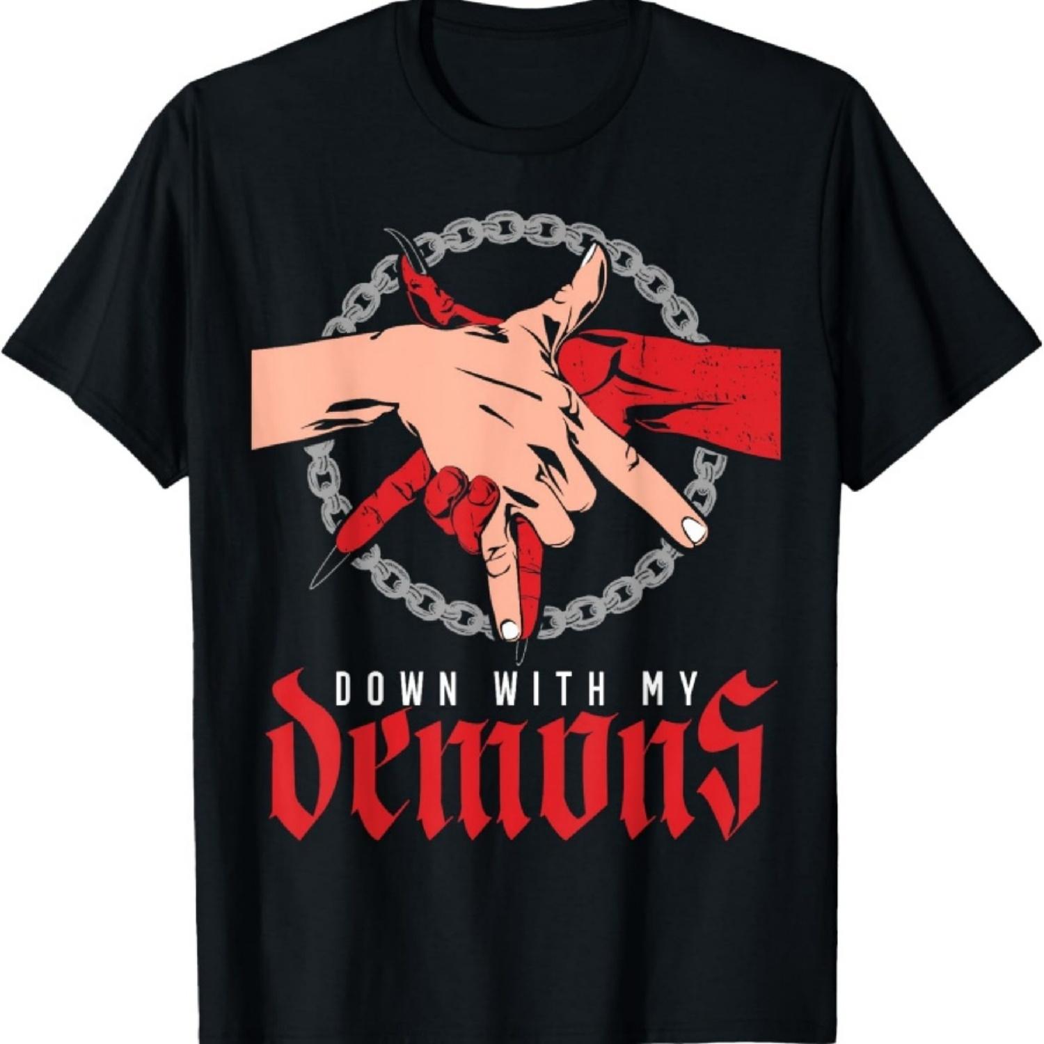 Down With My Demons Deal Handshake Aesthetic Humour Goth T-Shirt S