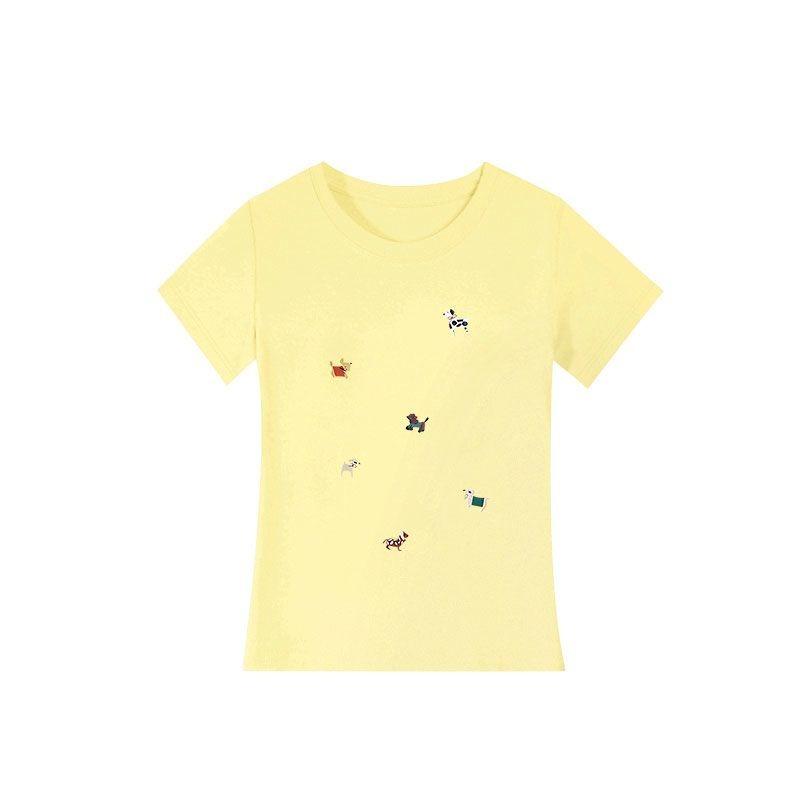 Women Summer Casual Cute Dog Embroidery Print Short Sleeve Cotton T Shirt