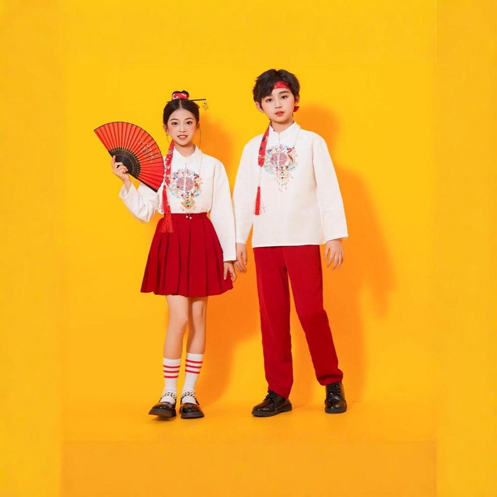 Chinese Style Children's Performance Costumes for Girls - Choir, Recitation, Sports Meeting, and School Uniforms