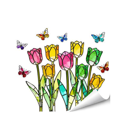 Colorful Spring Floral Window Cling Double-Sided Static Glass Sticker Stained Glass Effect Flowers Butterflies Window Decal for Kitchen Bedroom A