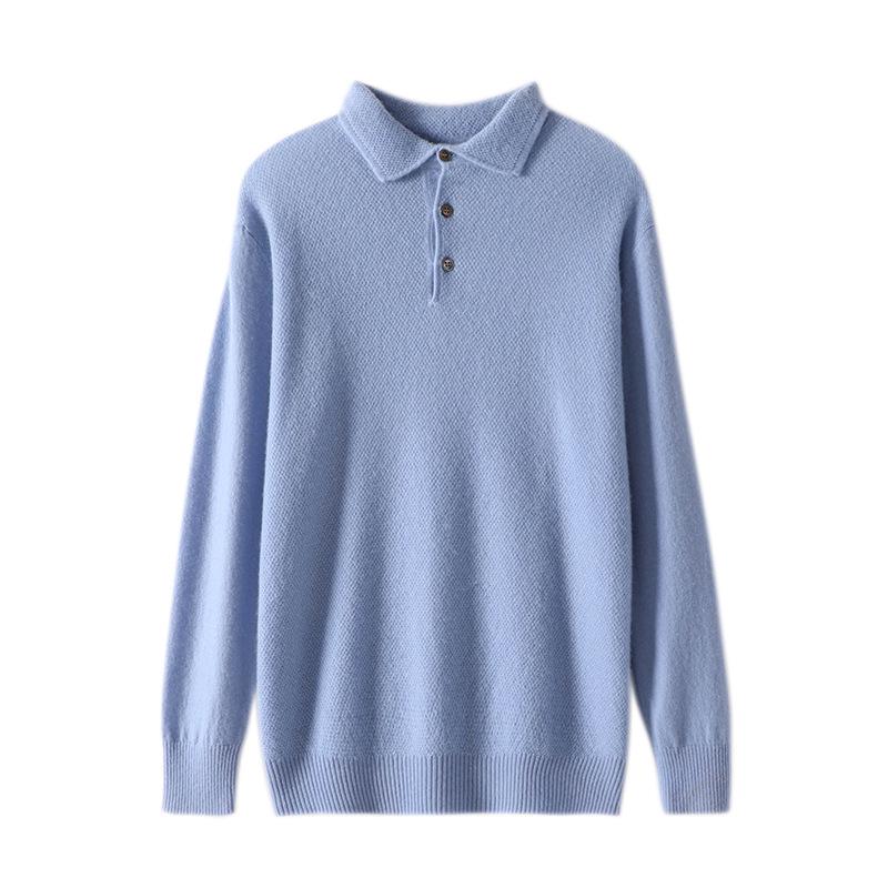 Men's Knitted Pure Wool Polo Shirt - Long-Sleeve Turn-Down Collar for Business Casual Wear