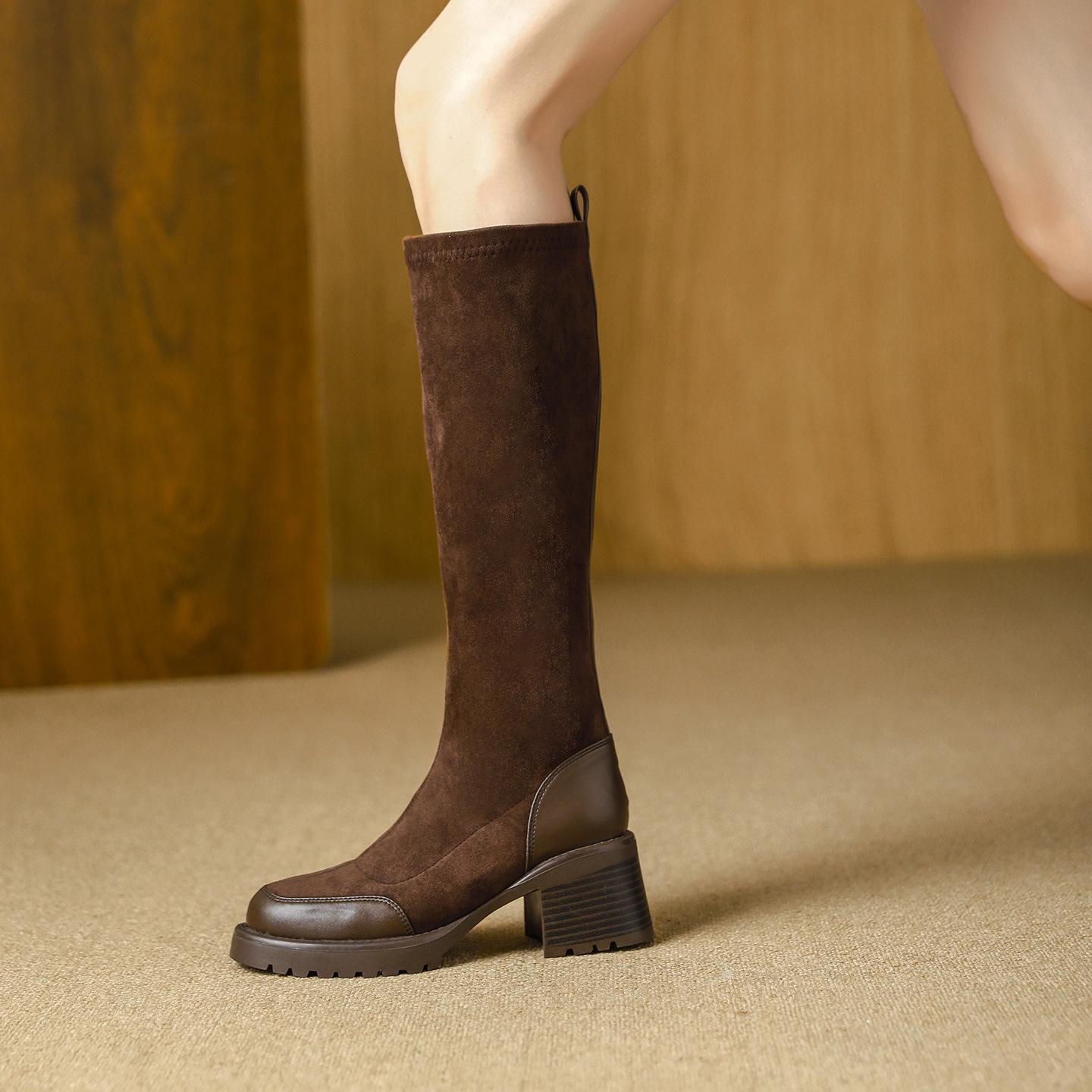 

High Heel Boots Long Boots Skinny Elastic Boots But Knee Thick Heel Brown Square Head High Boots 40 коричневий