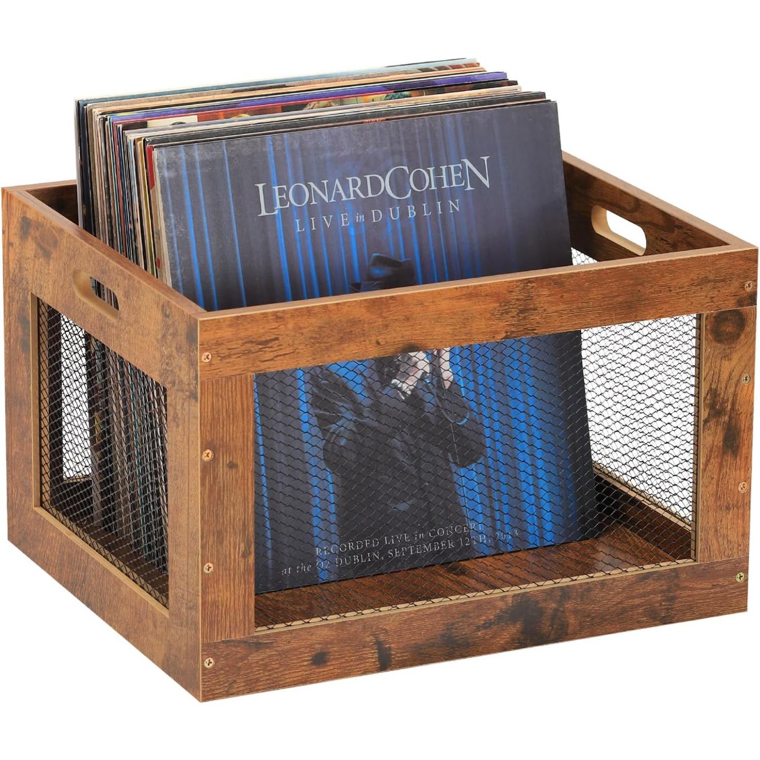 

Деревянный ящик для хранения виниловых пластинок - Вмещает 100 LP, Кубический органайзер для гостиной, студии и офиса коричневый