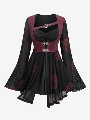 Rosegal Plus Size Rose Flower Print Mesh Ruched Lace Trim Star Buckle Grommets Flare Sleeves 2 In 1 Top