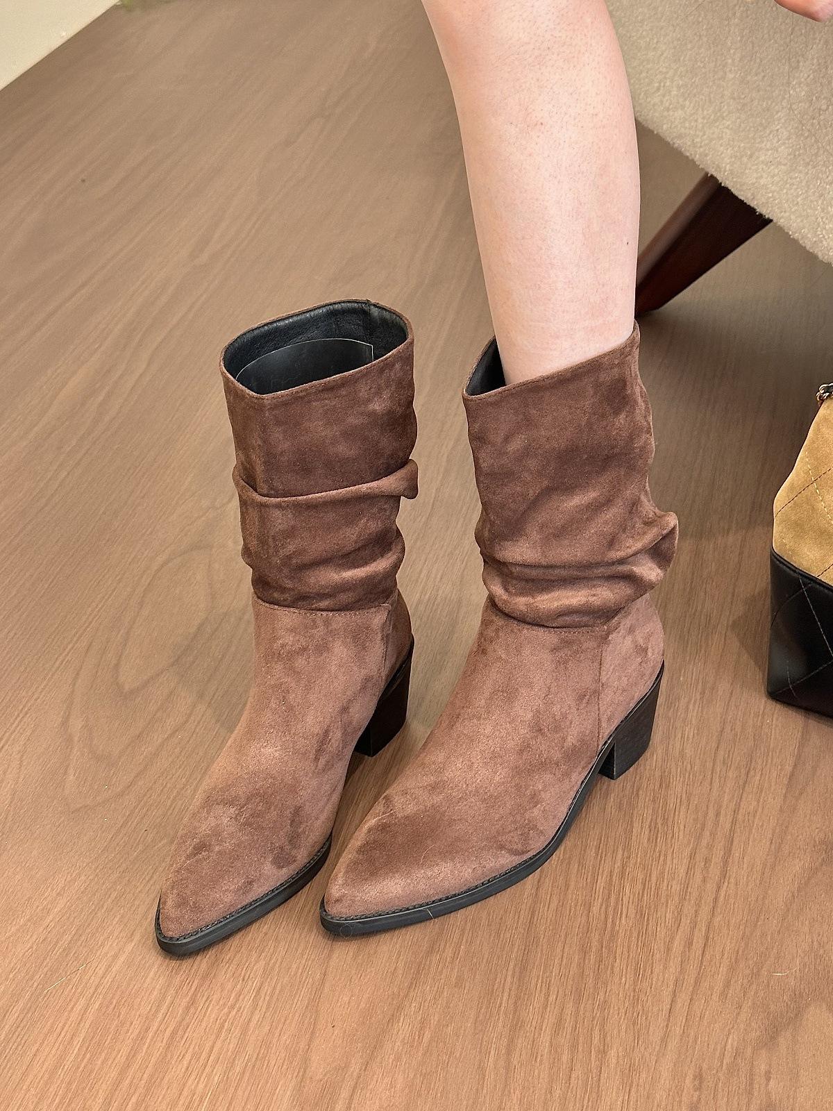 Heartthrob! Spice Girls Suede Pointed Heel Pile Boots Women s Autumn Korean Commuter Folded Boots 35