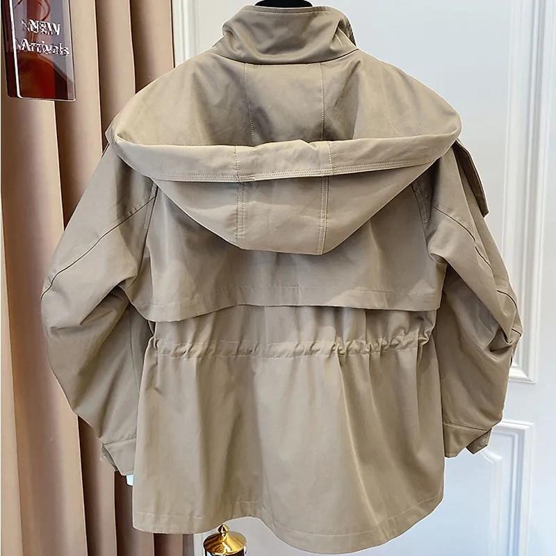 Vår Høst Oversized Casual Vanntett Khaki Vindjakke Dame Langermet Hette Snøring Glidelåsjakke