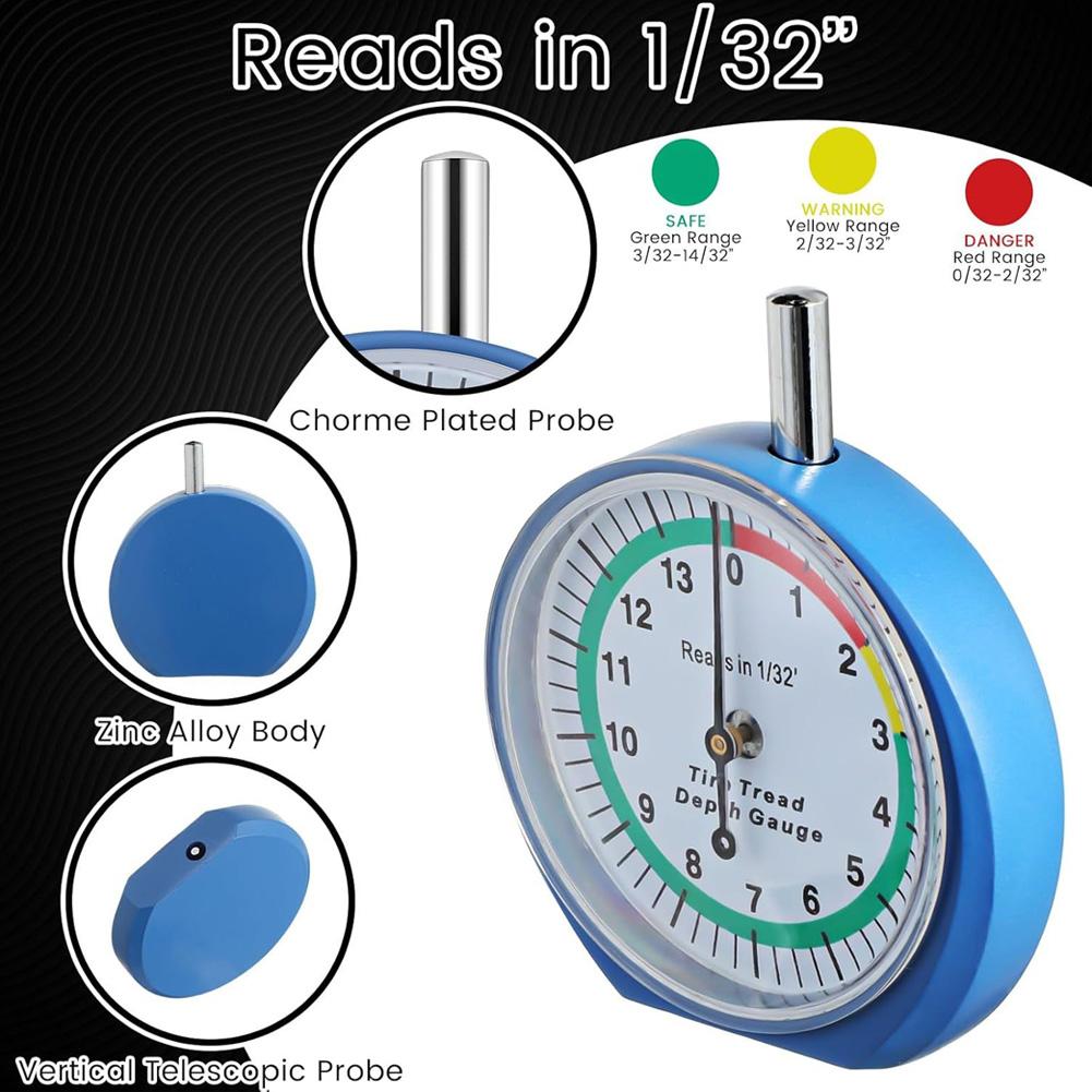 Car Tire Tread Depth Gauge 1/11mm & 1/32" Scale Needle Pointer Mechanical Gauge Metal Automotive Maintenance & Safety Tool