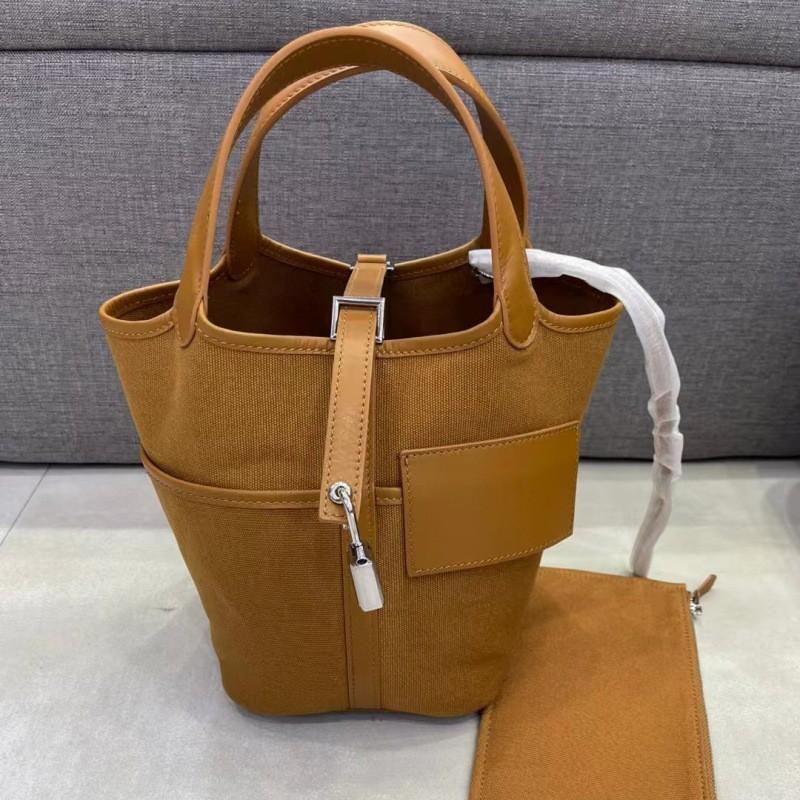 Chic Versatile Bucket Tote Bag Canvas Swift Leather Blend Single Shoulder Handbag Women