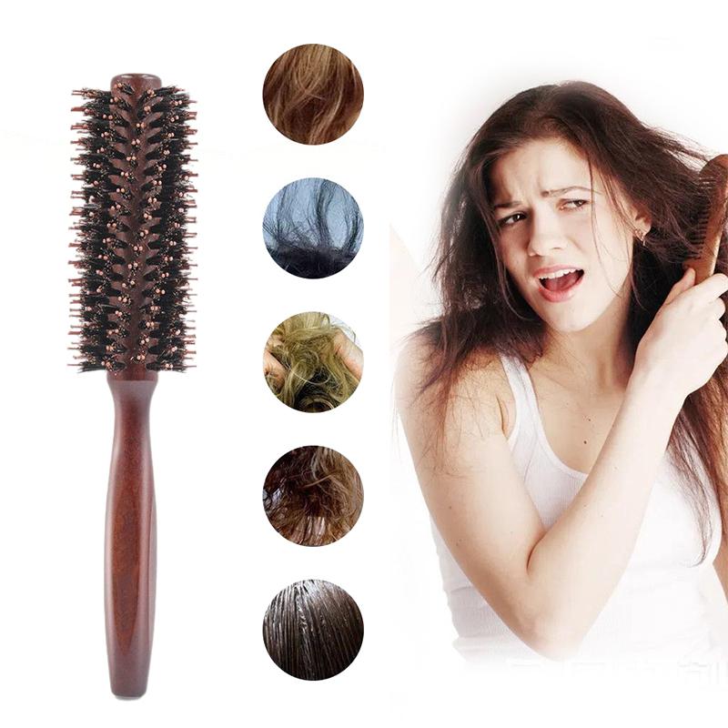 Natural Boar Bristle Hair Round Brush Wood Handle Round Barrel Hair Comb Hair Roller Brush Hairdressing Styling Tools
