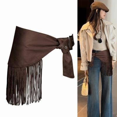 Cowboy Style Tassel Waist Belt Solid Color Triangle Butt Curtain Elegant Mini Skirts  Streetwear