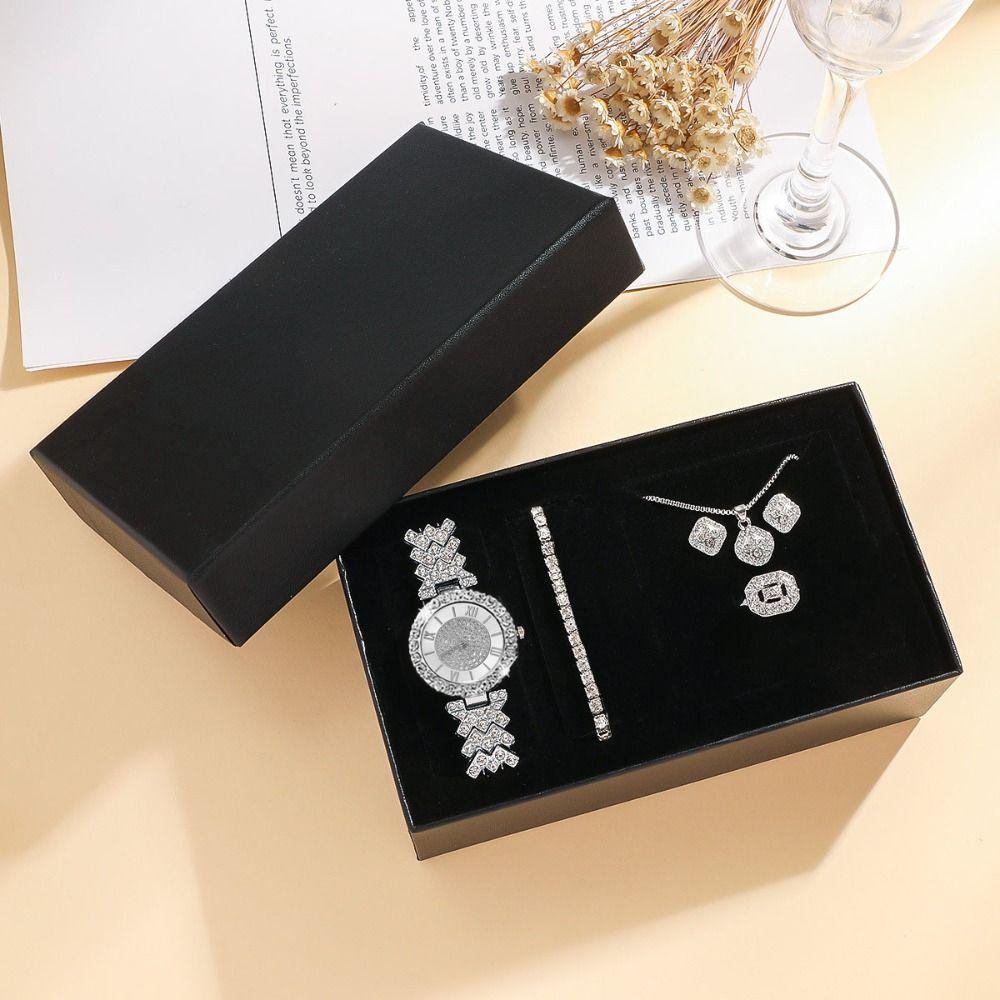 6Pcs/set Luxury Crystal Quartz Watch Shiny Necklace Bracelet Earrings Set  Ladies