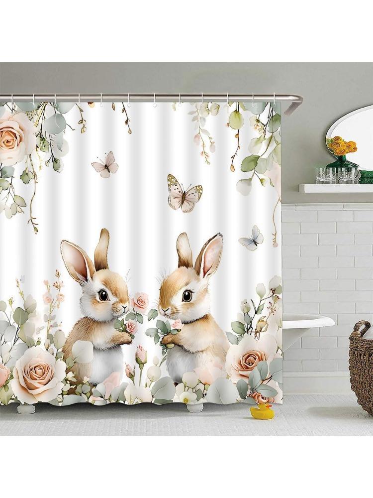 

Easter Rabbit Shower Curtain Green Leaves Cute Bunny Spring Rustic Flower Farmhouse Butterfly Watercolor Rose Floral Bathroom W60H190(CM)-1 Pcs