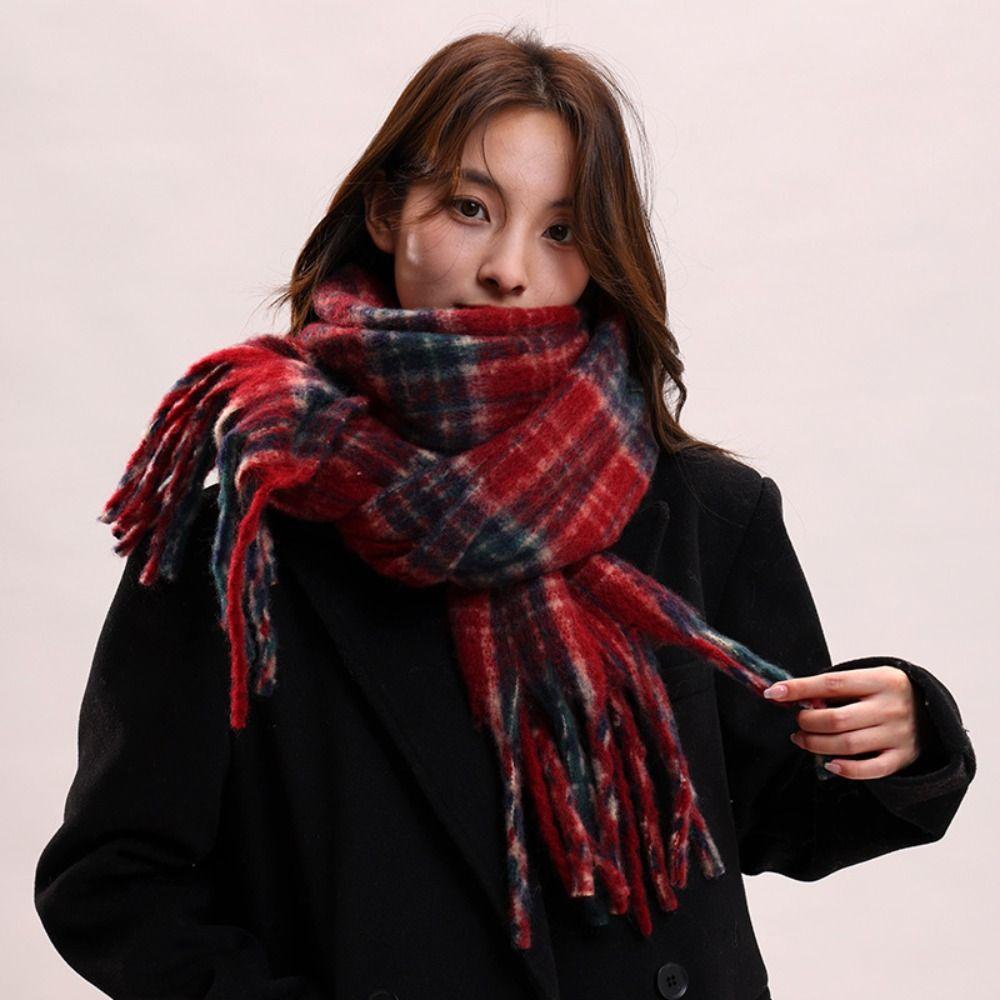 Tassel Plaid Wool Scarf Mohair Long Shawl Elegant Winter Cashmere Scarves  Girl